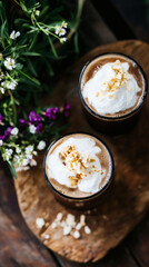 Two cups of hot chocolate with airy whipped cream and crispy coconut flakes, served on a wooden board. Atmospheric shot with natural light, featuring flowers and wood elements.