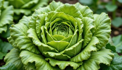 Fototapeta premium Close Up of Fresh Lettuce: Illustrate a detailed close up of a vibrant head of lettuce surrounded by soft, green leaves, capturing the freshness and vitality of a garden setting.