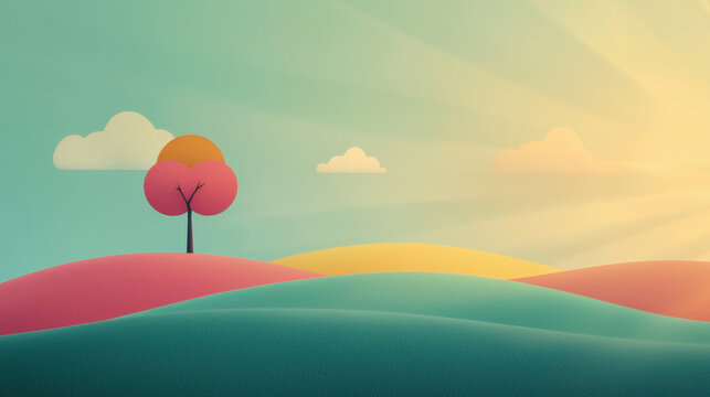 serene sunset landscape with stylized tree on colorful rolling hills, creating peaceful nature scene with warm light and soft clouds