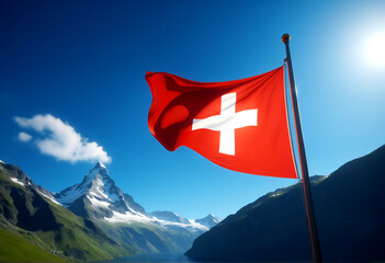 Swiss flag on the swiss alps