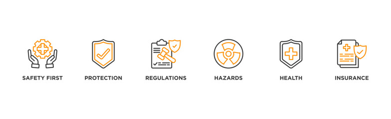 Work safety banner web icon illustration concept occupational safety and health at work with safety first, protection, regulations, hazards, health, and insurance