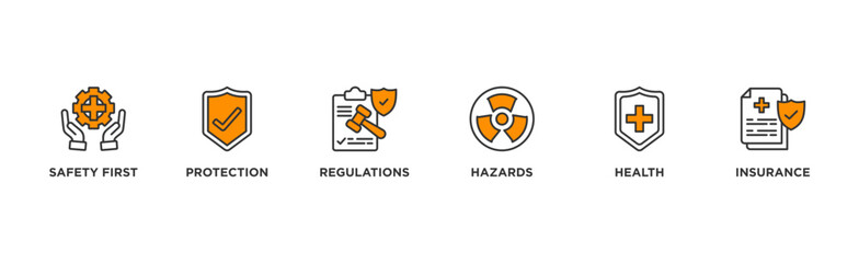 Work safety banner web icon illustration concept occupational safety and health at work with safety first, protection, regulations, hazards, health, and insurance