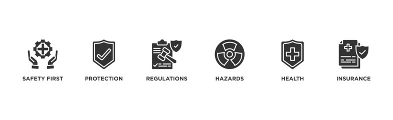 Fototapeta premium Work safety banner web icon illustration concept occupational safety and health at work with safety first, protection, regulations, hazards, health, and insurance