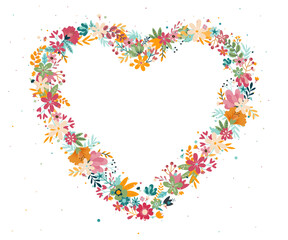 Forme de coeur fait d'une collection de fleurs - Fleurs et feuilles qui forment un cœur - Message d'amour ou d'amitié - Décoration florale - Illustration légère et festive pour le printemps - Vecteur