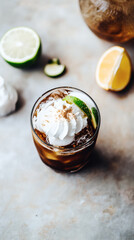 Сup of drink with airy whipped cream served on a wooden board. Atmospheric shot with natural light, featuring flowers and wood elements.