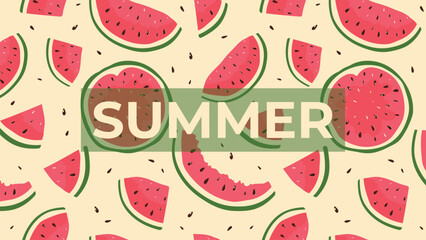 Summer Horizontal Banner with Watermelons on Beige Background. Hello Summer, Summertime Poster. Vector