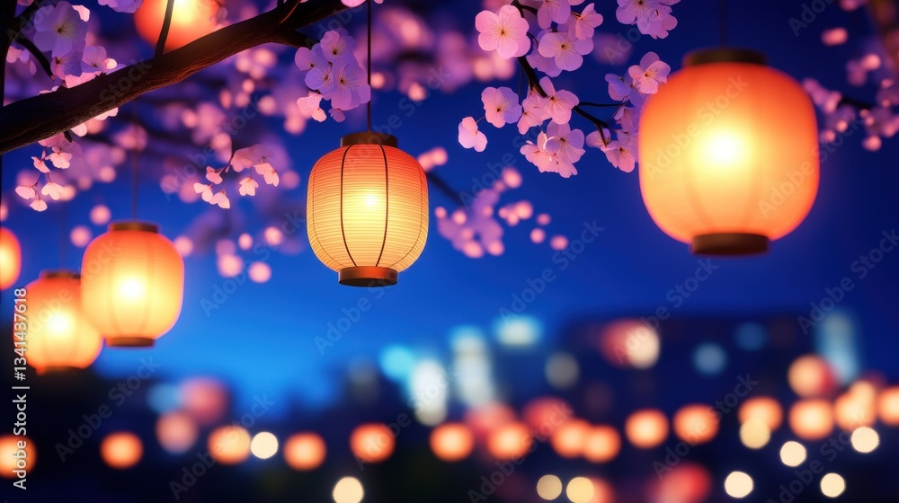 Poster colorful lanterns hanging from a tree adorned with blossoms, illuminated against a twilight backgrou
