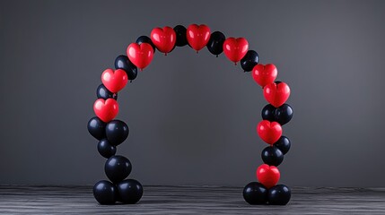 A bold red and black heart balloon arch forming a striking contrast against a deep gray backdrop