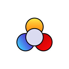 A logo featuring a circle divided into three sections: yellow, blue, and red with a black outline.