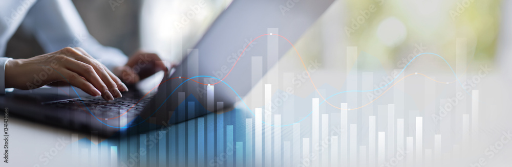 Aufkleber trading and market analysis with data visualization on a wide banner, business and technology concep