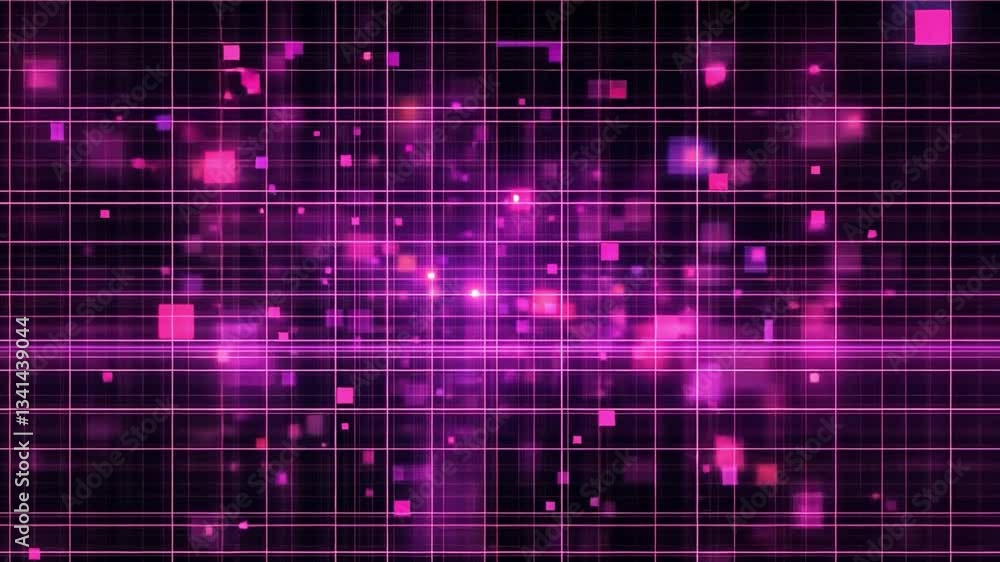 Poster vibrant pink digital background featuring grid pattern of glowing squares and lines, creating abstra