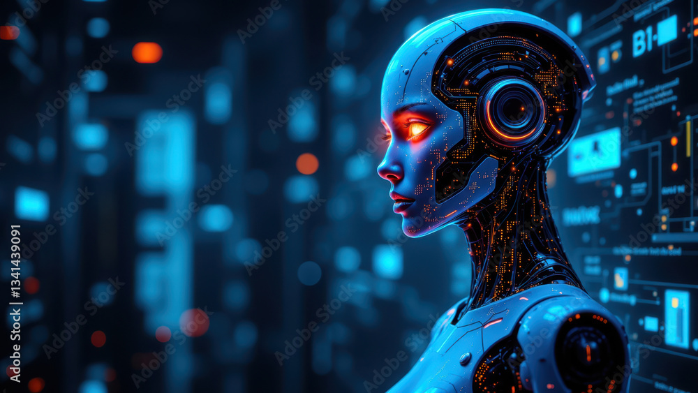 Poster a robotic head set against a background of digital connectivity, representing advanced technology an