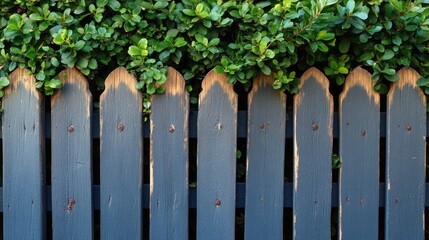 Fototapeta premium Aged wooden fence with a lush hedge