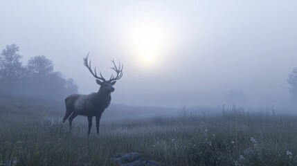 A majestic stag standing in a foggy meadow at dawn, its antlers framed by soft light