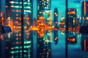 Obraz premium Night cityscape reflected on a sleek conference table, suggesting business, meetings, and urban success.