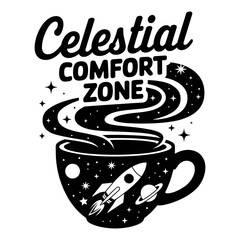 Celestial comfort zone vector illustration featuring a cup and cosmic elements