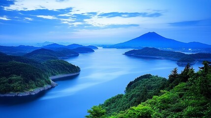 Tranquil Blue Lake and Mountain Landscape at Twilight