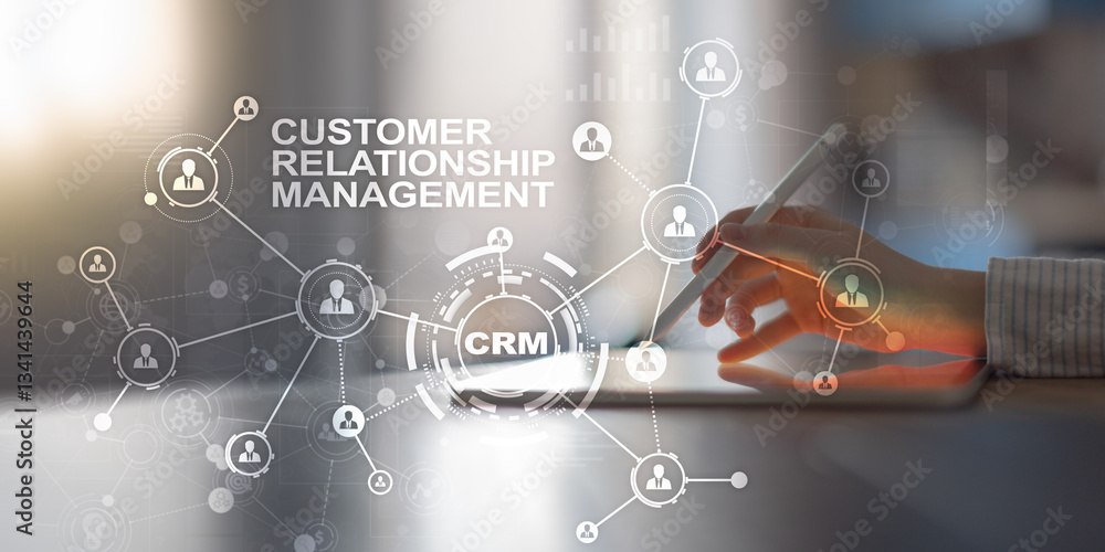 Poster customer relationship management system visualization with network connections and data analytics.