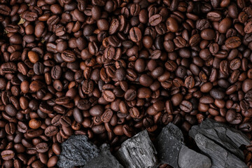 Coffee beans and charcoal, natural production concept