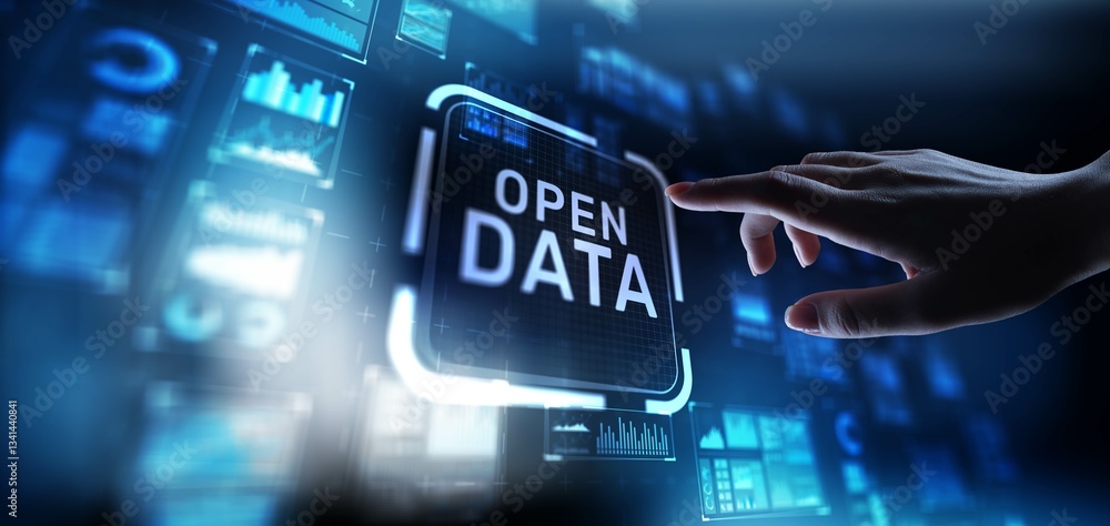 Aufkleber open data promoting transparency and accessibility, projection on a virtual screen, business and tec