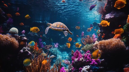 A peaceful turtle swimming near a coral reef, surrounded by colorful fish
