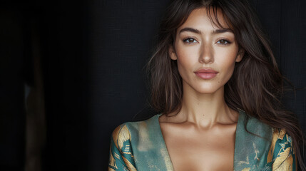 Fototapeta premium Portrait of a woman with natural beauty and an expressive gaze in soft lighting