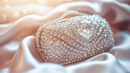 A close-up shot of a diamond purse on a plush white cloth with soft folds