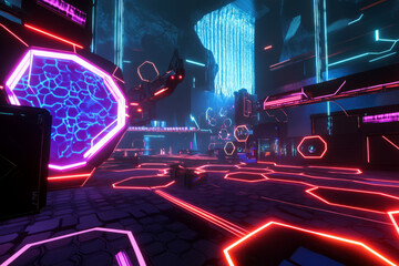 A virtual reality combat simulation where hexagonal force fields protect players. The neon-glowing training ground, dynamic AI-controlled opponents, and real-time environment adaptation enhance the