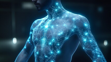 A futuristic AI-powered tattoo artist designing dynamic, glowing cybernetic tattoos