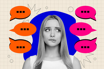 Template sketch trend artwork photo collage of young lady hesitate face emotion speech textbox...