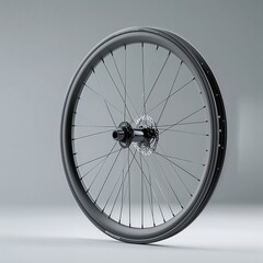 An isolated bike wheel stands against a gray backdrop, highlighting its sleek design. The focus is on the wheel's construction, showcasing the spokes and hub, representing cycling innovation