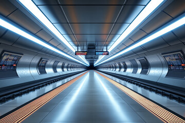 Fototapeta premium A sleek underground subway station 3D background room with futuristic train tracks, bright LED information panels, and a smooth metallic ceiling reflecting the neon lighting. The modern, clean