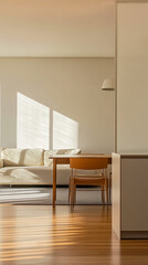 Bright living room with minimalist furniture and warm wood flooring in afternoon sunlight