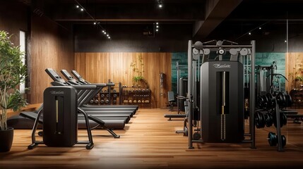 A modern and luxurious fitness center boasts sleek treadmills, weight machines, and a sophisticated wooden interior design creating a tranquil workout environment.