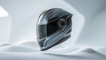 Fototapeta premium A unique minimalist helmet rests in a serene snowy setting, highlighting its aerodynamic shape and glossy finish. The reflective surface adds depth while creating an intriguing focal point