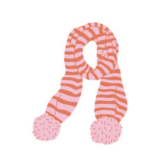 Vector illustration of a pink scarf with stripes and pom pom ends, on a white background. The design highlights a cozy, fashionable approach to winter accessories.