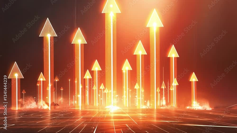 Poster dynamic digital landscape glowing orange arrows pointing upward symbolize growth and progress in fut