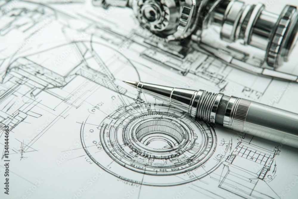 Poster silver mechanical pen resting on an intricate technical design sketch, showcasing engineering precis