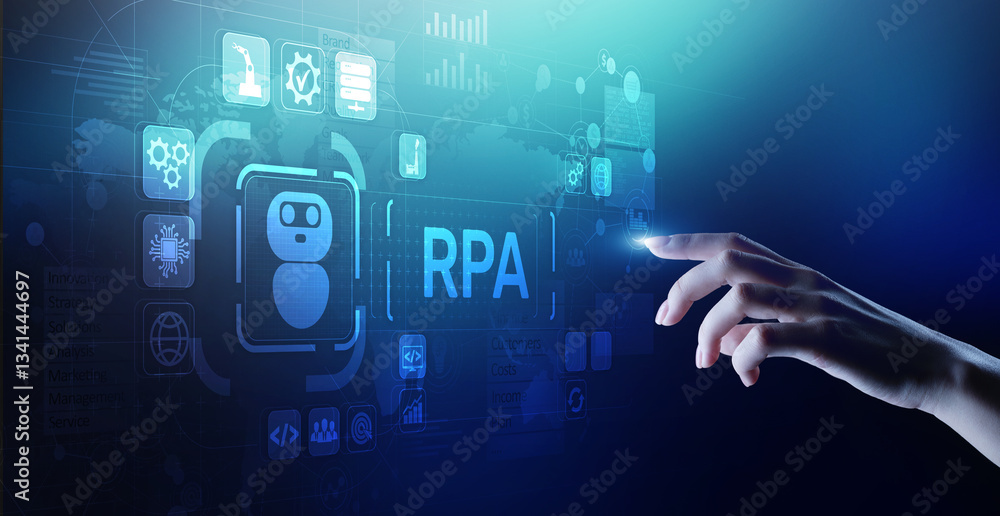 Poster rpa robotic process automation innovation technology concept on virtual screen.