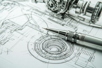 Silver mechanical pen resting on an intricate technical design sketch, showcasing engineering precision and creativity in a monochromatic color scheme