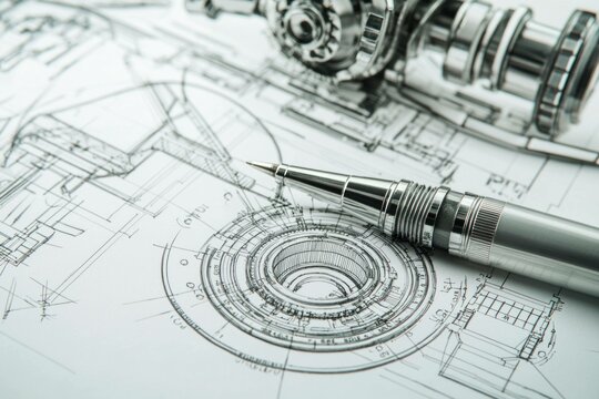 Silver mechanical pen resting on an intricate technical design sketch, showcasing engineering precision and creativity in a monochromatic color scheme