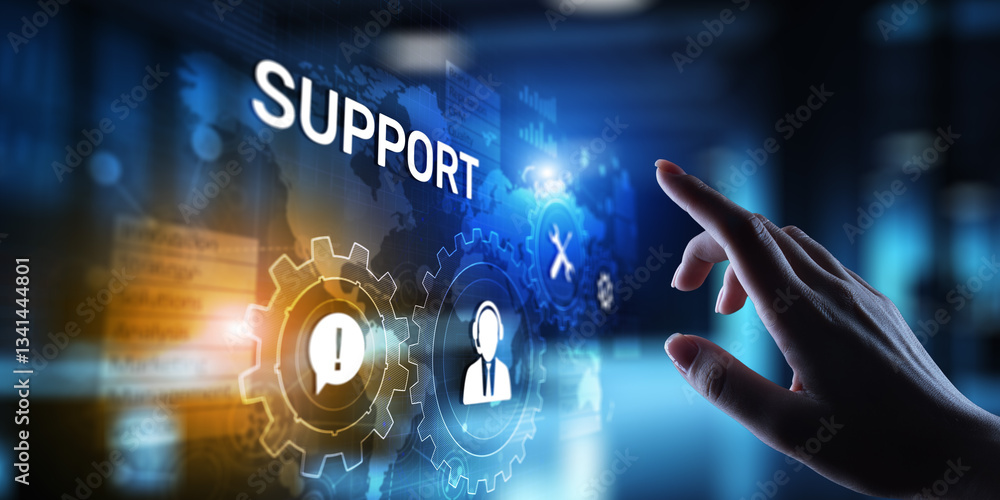 Poster Support button on virtual screen. Customer service and communication concept.