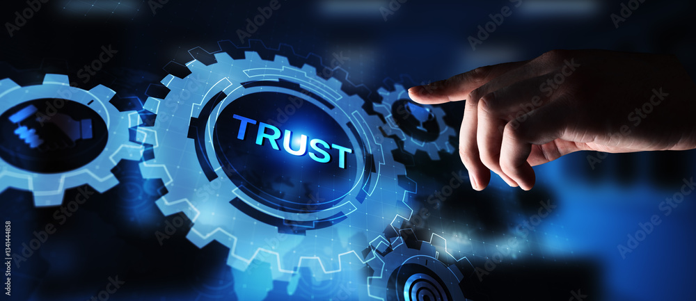 Poster trust customer relations reliability business concept. pointing and pressing on virtual screen.