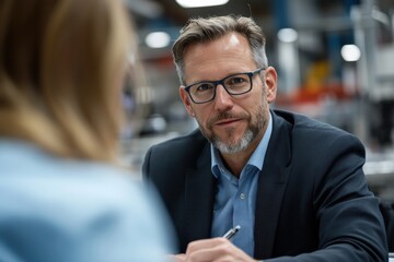 A professional man in discussion during a meeting, highlighting collaboration, communication, and the importance of teamwork in achieving corporate goals in an industrial setting.