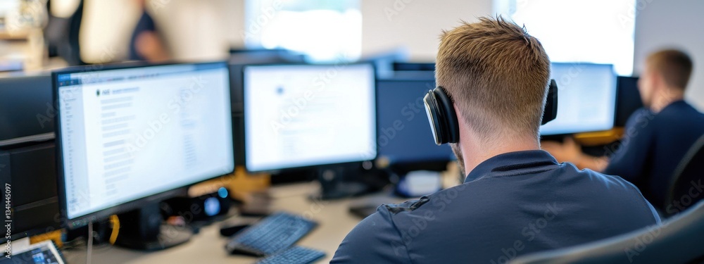 Poster man with headset working at computer in modern office environment