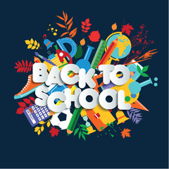 Back to school web banner, colorful kid illustration with class supplies and happy typography quote.