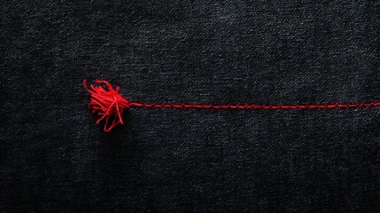 Close-up of red thread unraveling from dark fabric.