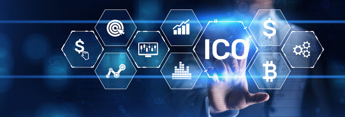 ICO Initial coin offering digital currency stock trading investment concept.