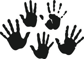 Simple, bold black handprints, likely child's handprints, against a stark white background.