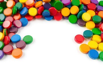 Obraz premium Abstract colorful bottle cap figures on white background, unique, bottle caps